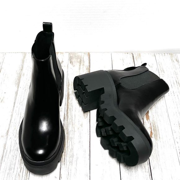 New Women Black Chelsea Platform Chunky Ankle Boots Booties - Picture 4 of 6